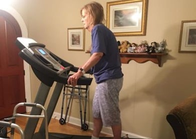Linda uses the treadmill at home after discharge to remain active.